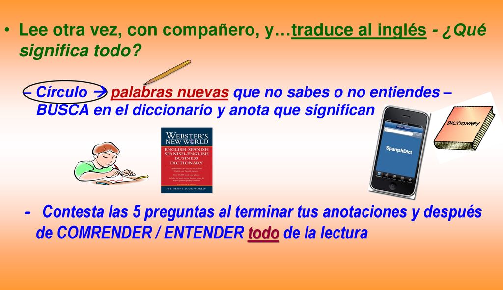 Lee otra vez, con compañero, y…traduce al inglés - ¿Qué significa todo