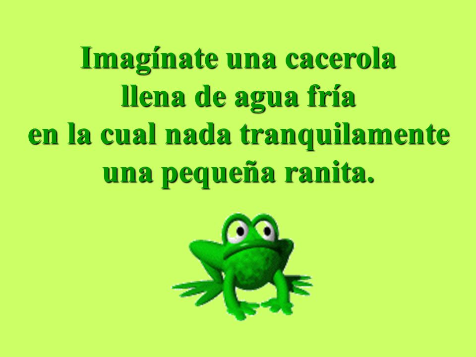 Imagínate una cacerola llena de agua fría en la cual nada tranquilamente una pequeña ranita.
