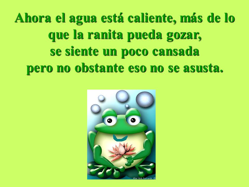Ahora el agua está caliente, más de lo que la ranita pueda gozar, se siente un poco cansada pero no obstante eso no se asusta.