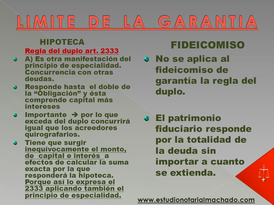 LIMITE DE LA GARANTIA HIPOTECA. Regla del duplo art A) Es otra manifestación del principio de especialidad. Concurrencia con otras deudas.