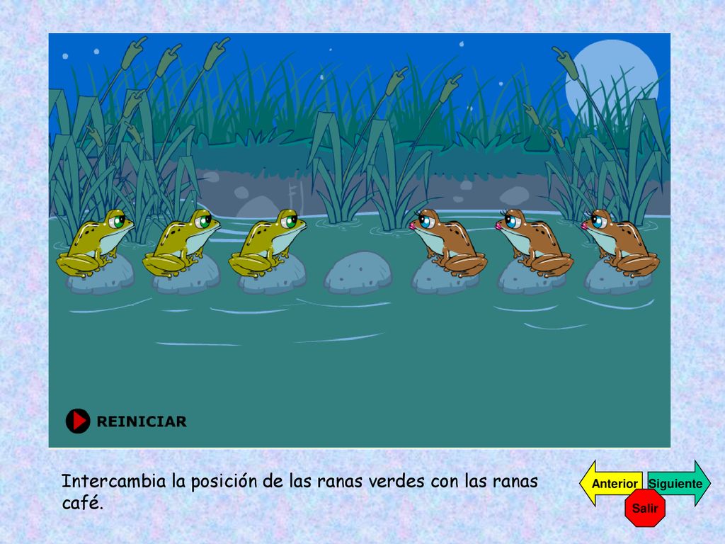 Intercambia la posición de las ranas verdes con las ranas café.