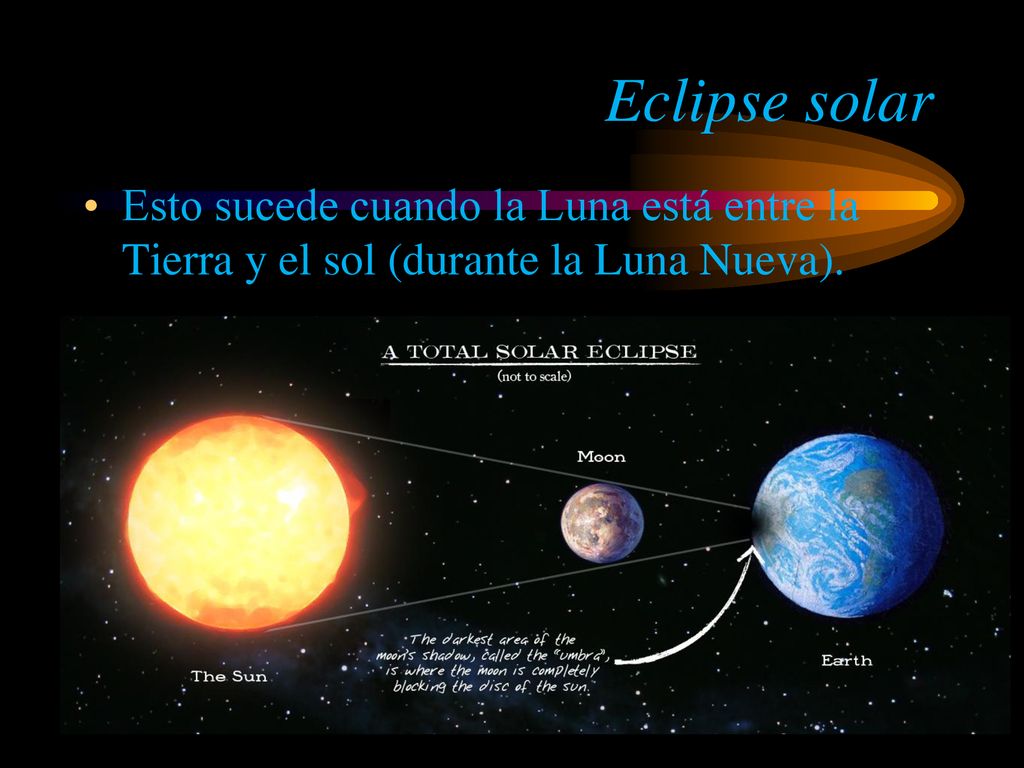 Eclipse solar Esto sucede cuando la Luna está entre la Tierra y el sol (durante la Luna Nueva).