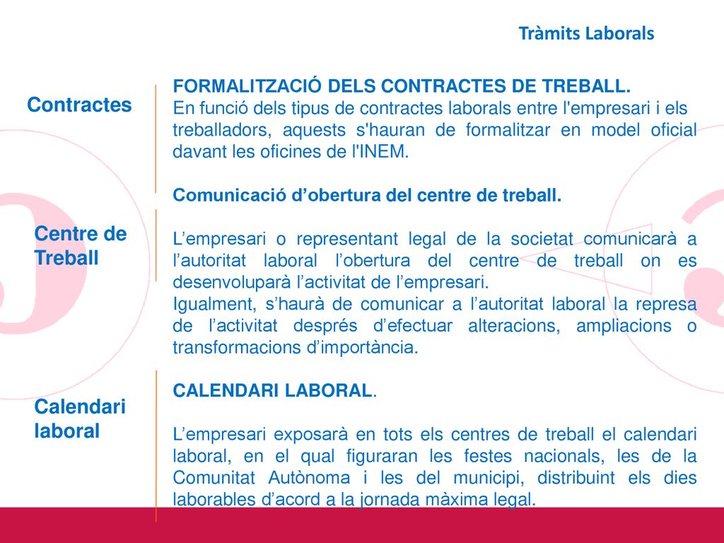 Tràmits Laborals Contractes Centre de Treball Calendari laboral