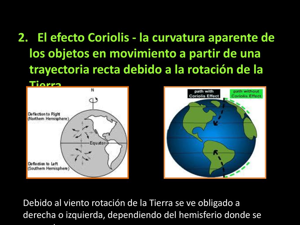 2. El efecto Coriolis - la curvatura aparente de los objetos en movimiento a partir de una trayectoria recta debido a la rotación de la Tierra.