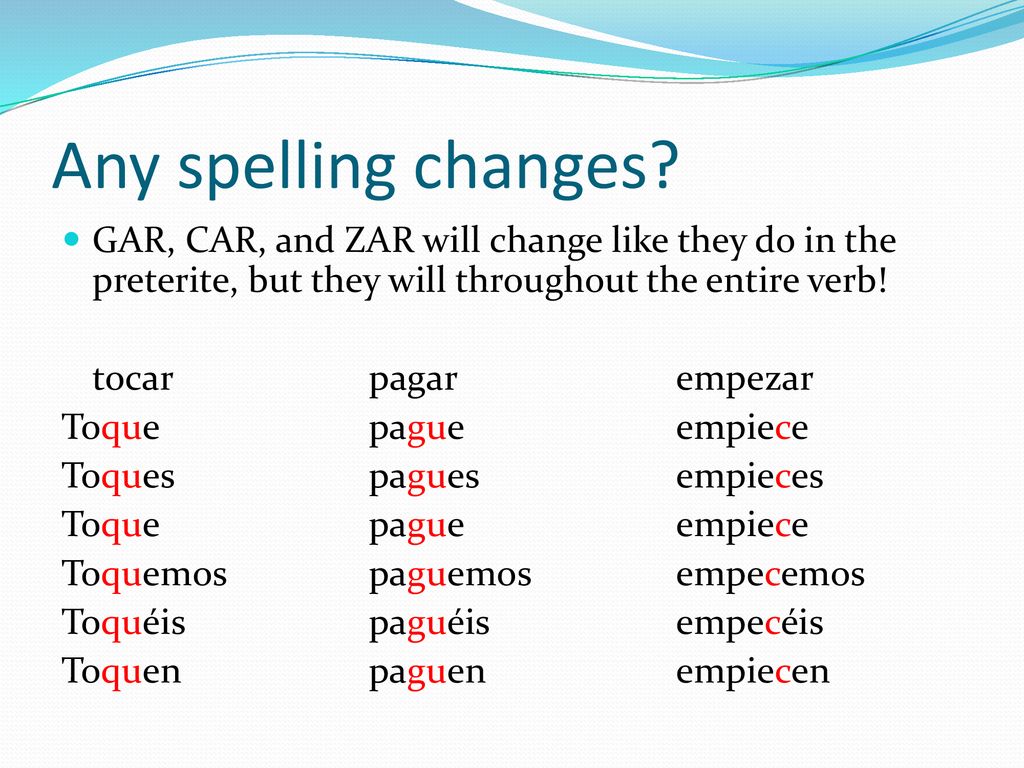 Any spelling changes GAR, CAR, and ZAR will change like they do in the preterite, but they will throughout the entire verb!