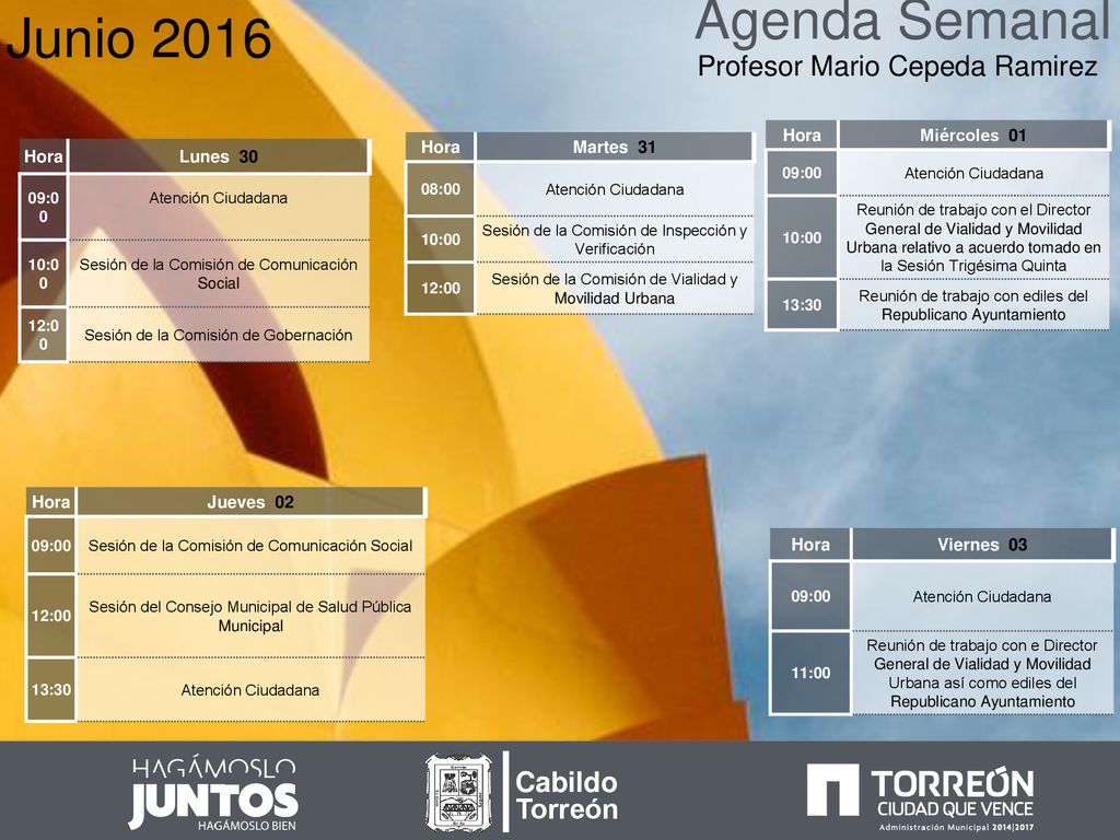 Agenda Semanal Junio 2016 Profesor Mario Cepeda Ramirez Cabildo