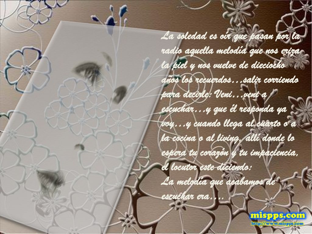 La soledad es oír que pasan por la radio aquella melodía que nos eriza la piel y nos vuelve de dieciocho años los recuerdos…salir corriendo para decirle: Veni…veni a escuchar…y que él responda ya voy…y cuando llega al cuarto o a la cocina o al living, allí donde lo espera tu corazón y tu impaciencia, el locutor este diciendo: La melodía que acabamos de escuchar era….