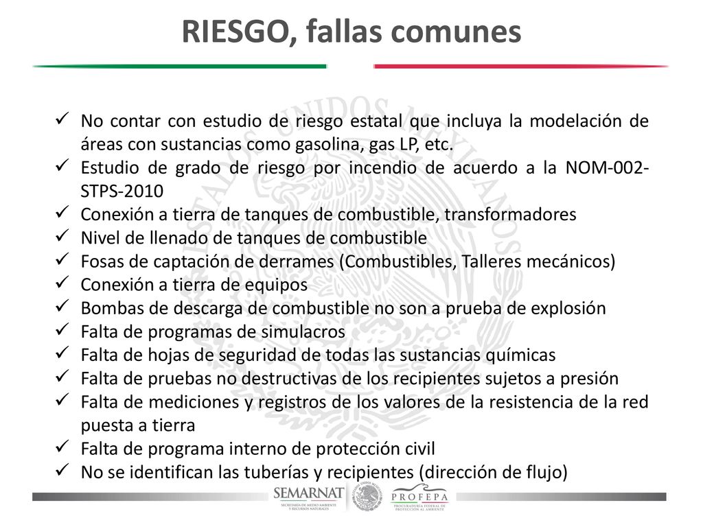 RIESGO, fallas comunes No contar con estudio de riesgo estatal que incluya la modelación de áreas con sustancias como gasolina, gas LP, etc.