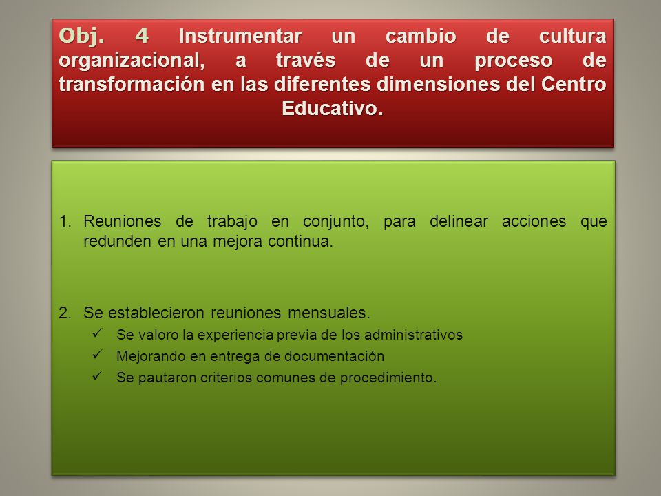 Obj. 4 Instrumentar un cambio de cultura organizacional, a través de un proceso de transformación en las diferentes dimensiones del Centro Educativo.