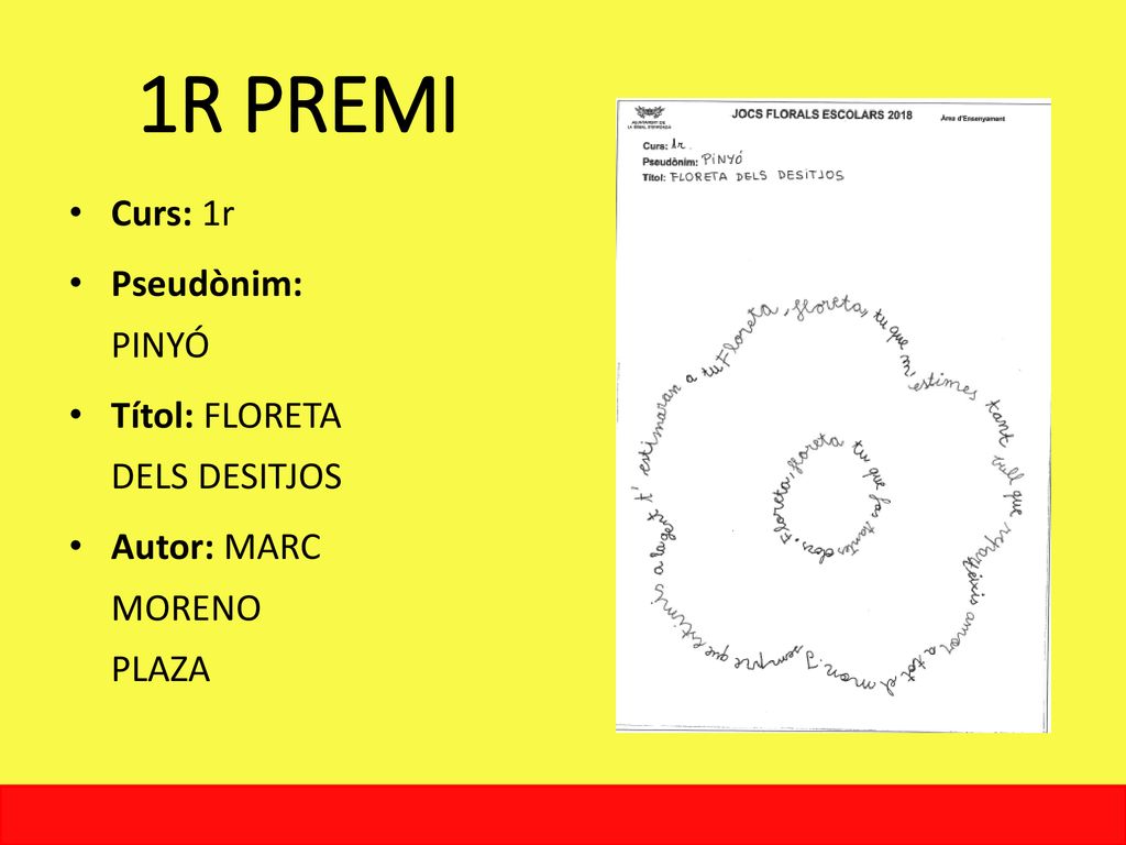 1R PREMI Curs: 1r Pseudònim: PINYÓ Títol: FLORETA DELS DESITJOS