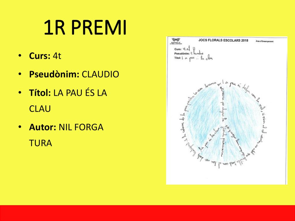 1R PREMI Curs: 4t Pseudònim: CLAUDIO Títol: LA PAU ÉS LA CLAU