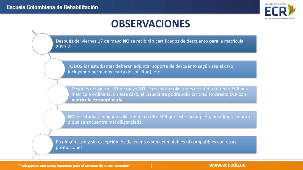 OBSERVACIONES Después del viernes 17 de mayo NO se recibirán certificados de descuento para la matrícula