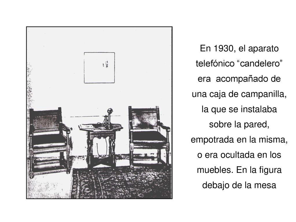 En 1930, el aparato telefónico candelero era acompañado de una caja de campanilla, la que se instalaba sobre la pared, empotrada en la misma, o era ocultada en los muebles.