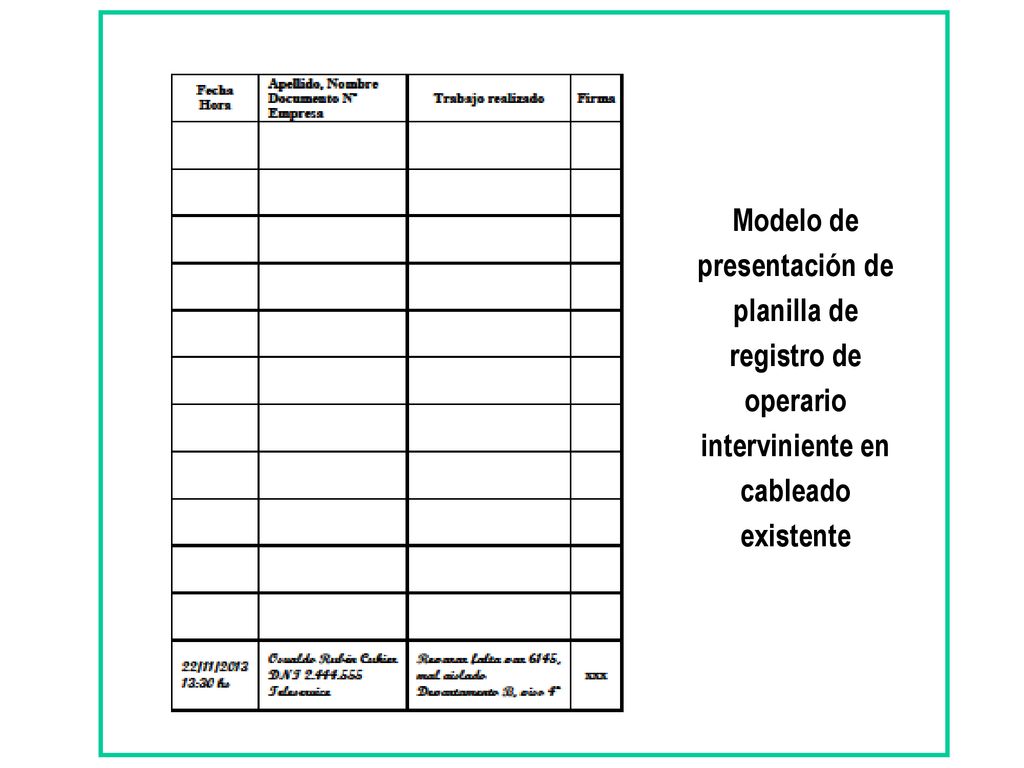 Modelo de presentación de planilla de registro de operario interviniente en cableado existente