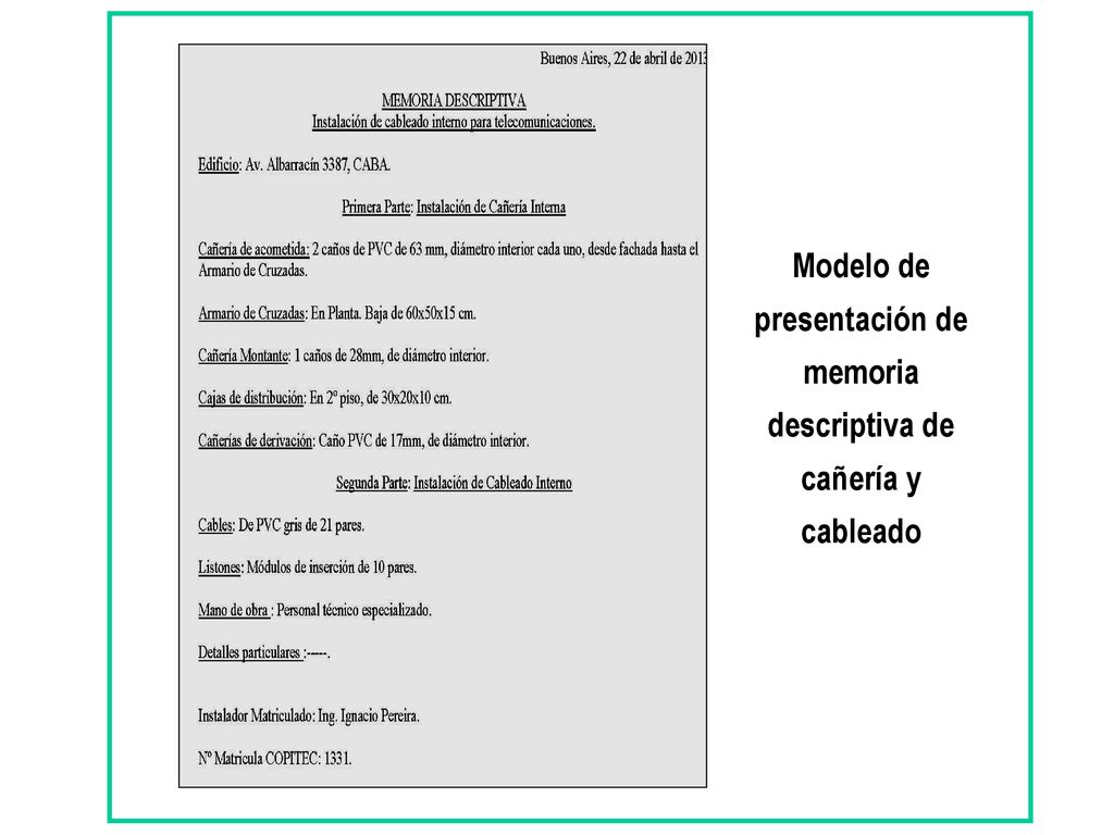 Modelo de presentación de memoria descriptiva de cañería y cableado