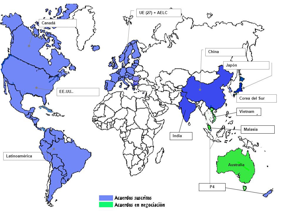 UE (27) + AELC Canadá. China. Japón. EE.UU.. Corea del Sur. Vietnam. Malasia. India. Latinoamérica.