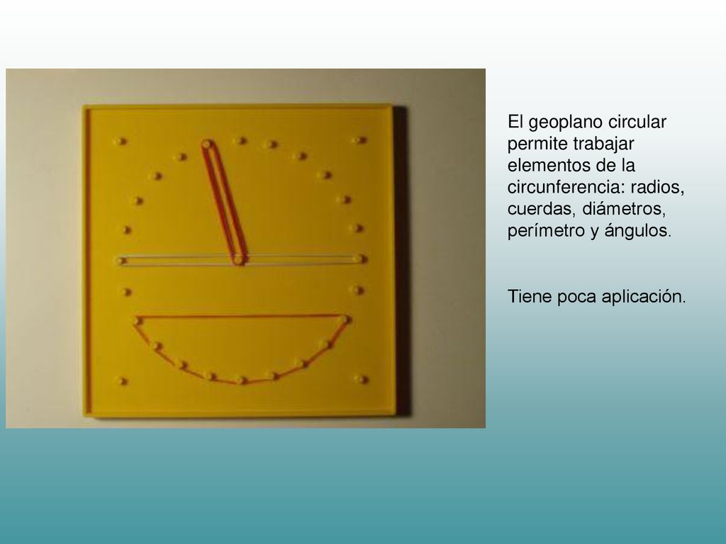 El geoplano circular permite trabajar elementos de la circunferencia: radios, cuerdas, diámetros, perímetro y ángulos.