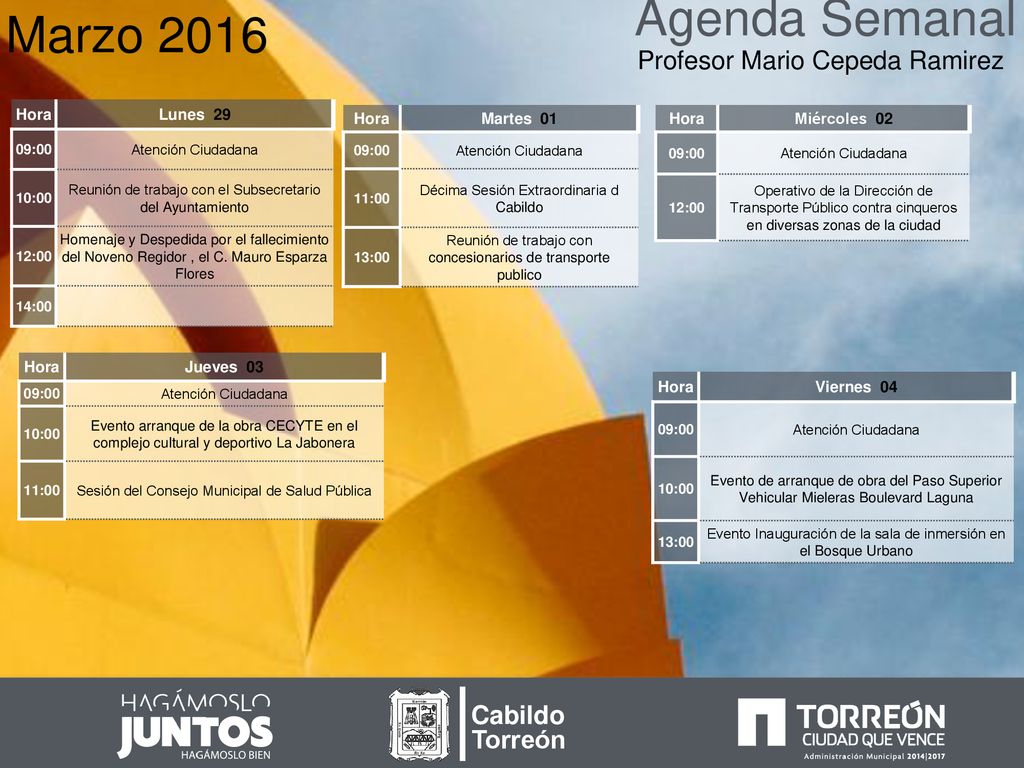 Agenda Semanal Marzo 2016 Profesor Mario Cepeda Ramirez Cabildo