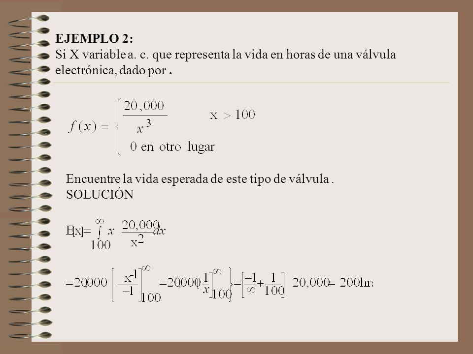 EJEMPLO 2: Si X variable a. c. que representa la vida en horas de una válvula electrónica, dado por .