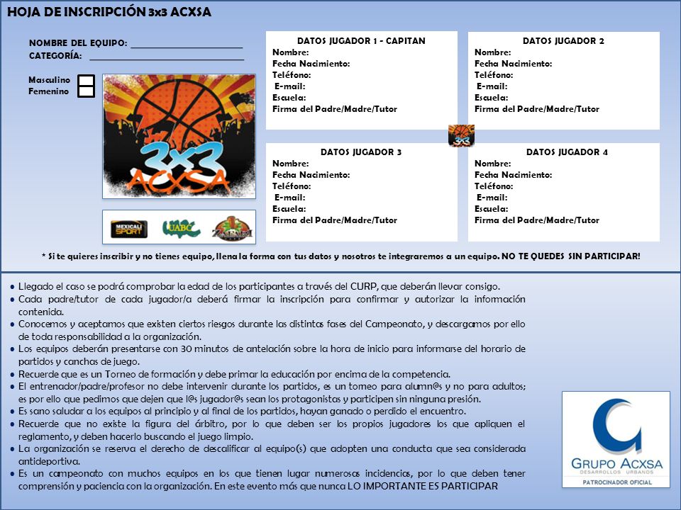 HOJA DE INSCRIPCIÓN 3x3 ACXSA