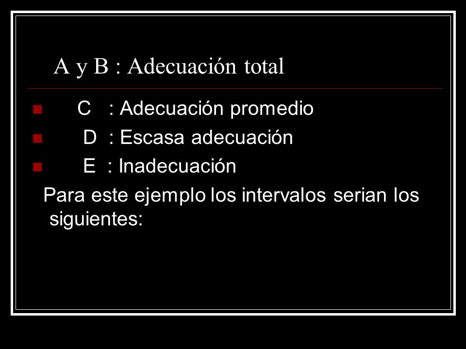 A y B : Adecuación total C : Adecuación promedio D : Escasa adecuación