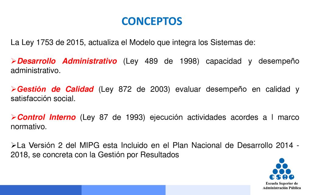 CONCEPTOS La Ley 1753 de 2015, actualiza el Modelo que integra los Sistemas de: