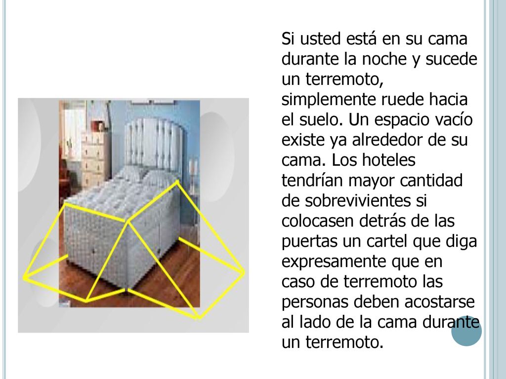 Si usted está en su cama durante la noche y sucede un terremoto, simplemente ruede hacia el suelo.