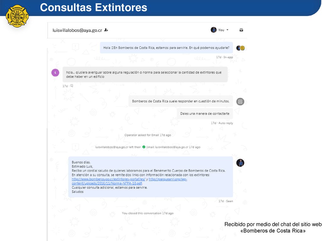 Recibido por medio del chat del sitio web «Bomberos de Costa Rica»