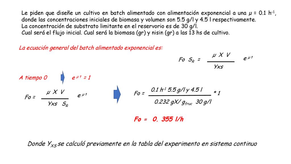 Le piden que diseñe un cultivo en batch alimentado con alimentación exponencial a una µ = 0.1 h-1, donde las concentraciones iniciales de biomasa y volumen son 5.5 g/l y 4.5 l respectivamente.