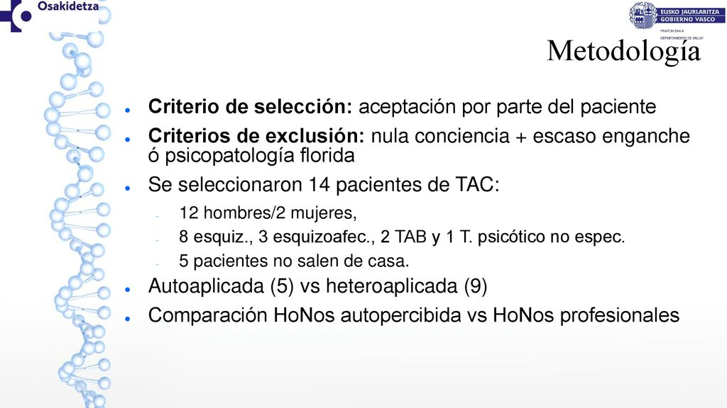 Metodología Criterio de selección: aceptación por parte del paciente