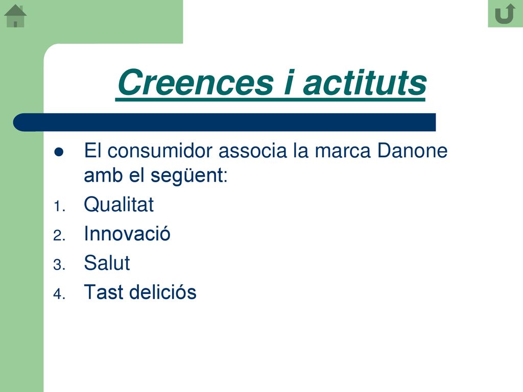 Creences i actituts El consumidor associa la marca Danone amb el següent: Qualitat. Innovació. Salut.