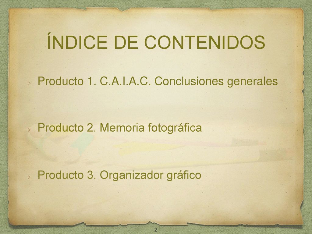 ÍNDICE DE CONTENIDOS Producto 1. C.A.I.A.C. Conclusiones generales