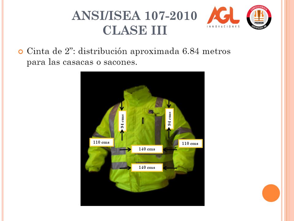 ANSI/ISEA CLASE III Cinta de 2 : distribución aproximada 6.84 metros para las casacas o sacones.