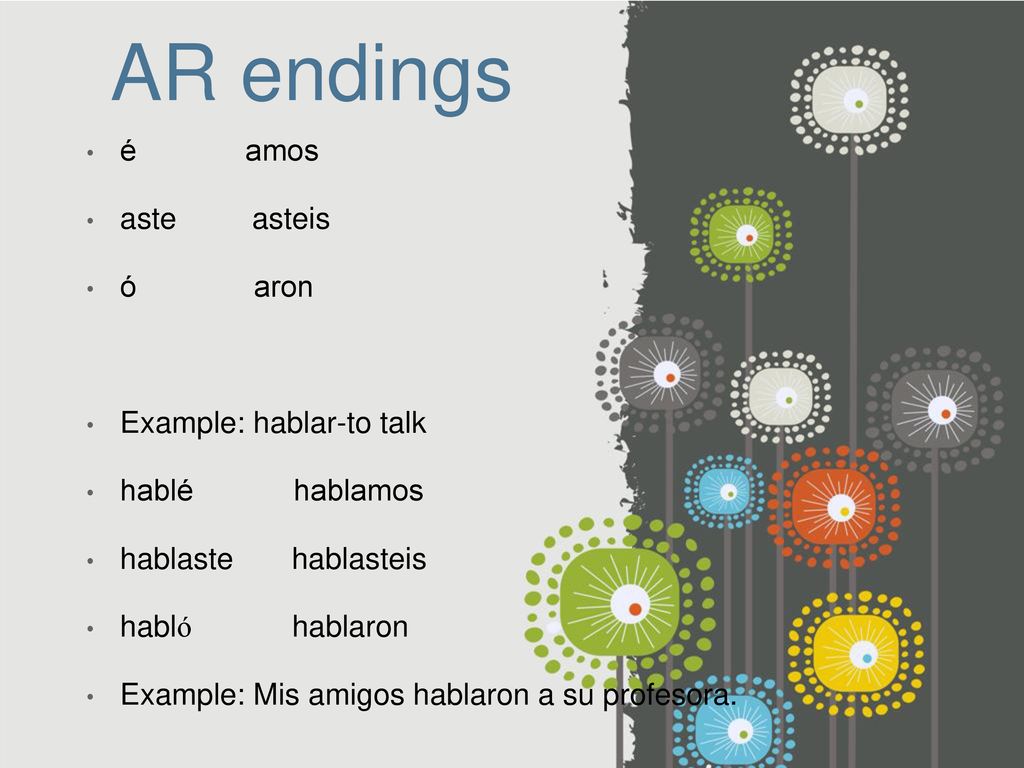 AR endings é amos aste asteis ó aron Example: hablar-to talk