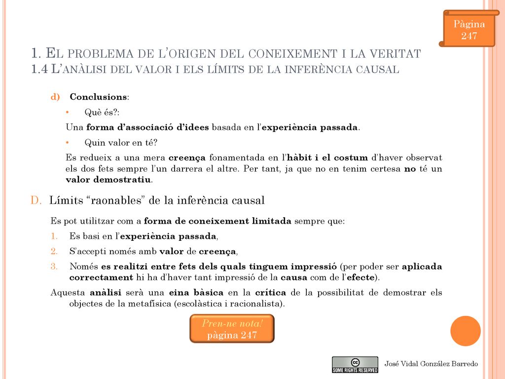 Pàgina El problema de l’origen del coneixement i la veritat 1.4 L’anàlisi del valor i els límits de la inferència causal.