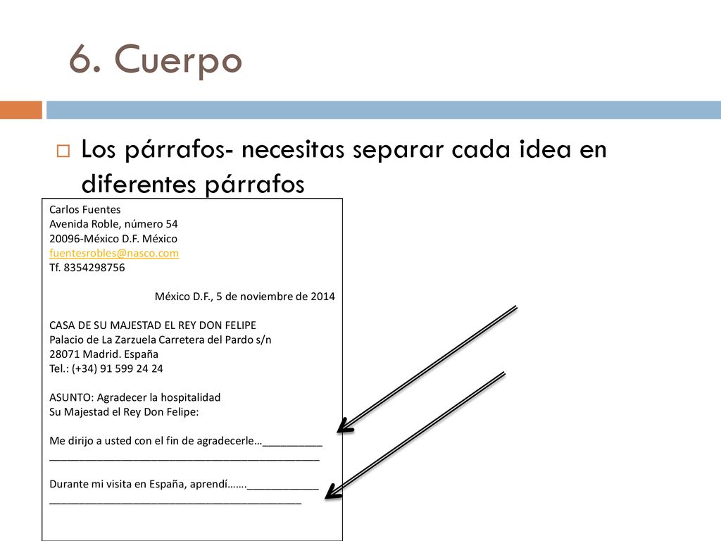 6. Cuerpo Los párrafos- necesitas separar cada idea en diferentes párrafos. Carlos Fuentes. Avenida Roble, número 54.