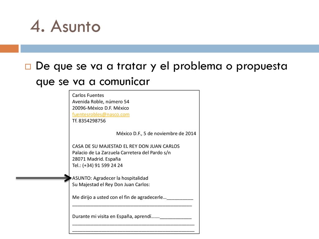 4. Asunto De que se va a tratar y el problema o propuesta que se va a comunicar. Carlos Fuentes. Avenida Roble, número 54.