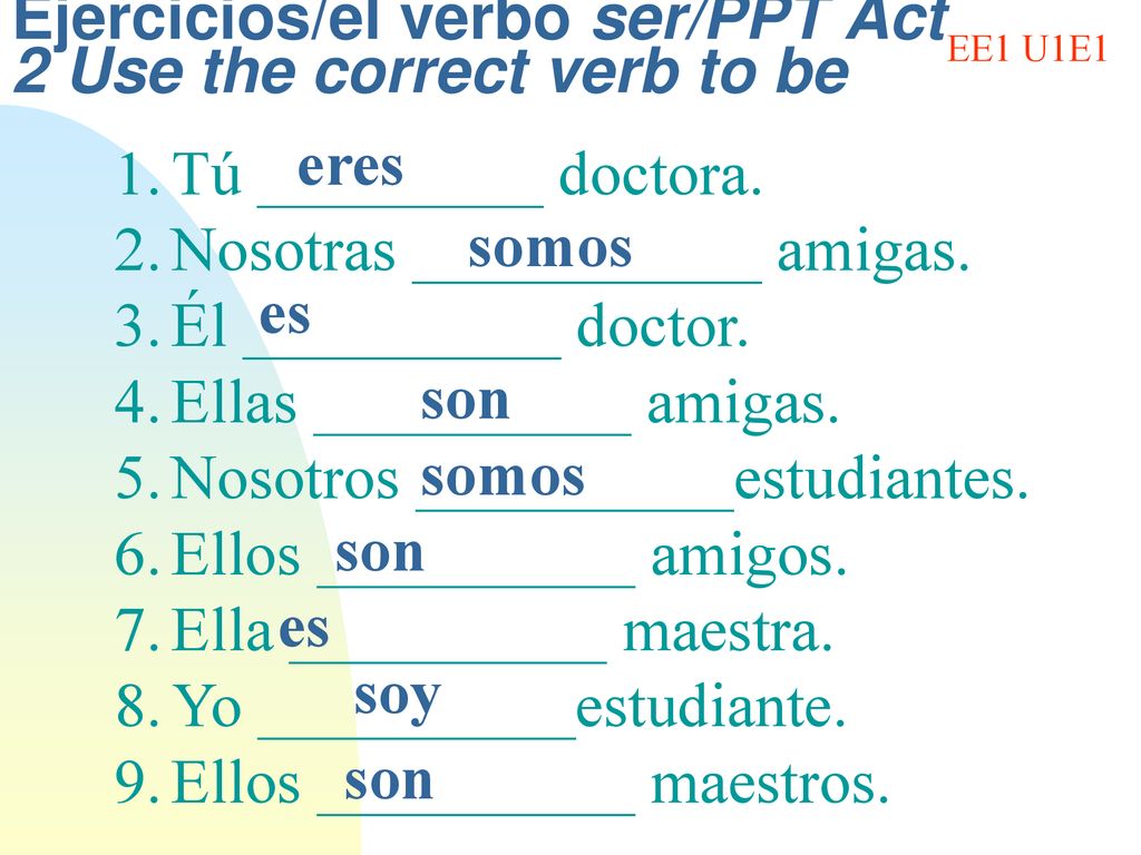 Ejercicios/el verbo ser/PPT Act 2 Use the correct verb to be