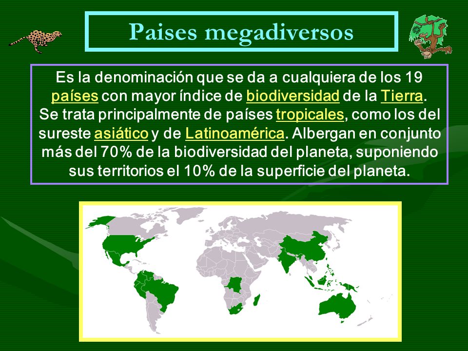 Paises megadiversos Es la denominación que se da a cualquiera de los 19 países con mayor índice de biodiversidad de la Tierra.