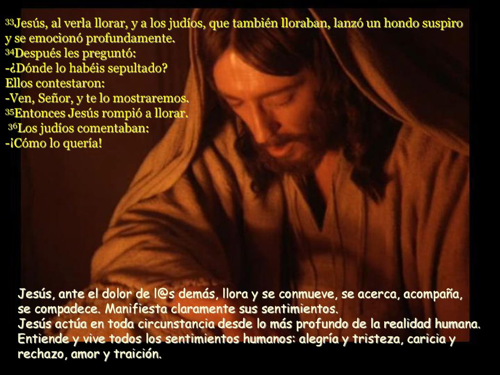 33Jesús, al verla llorar, y a los judíos, que también lloraban, lanzó un hondo suspiro y se emocionó profundamente. 34Después les preguntó: -¿Dónde lo habéis sepultado Ellos contestaron: -Ven, Señor, y te lo mostraremos. 35Entonces Jesús rompió a llorar. 36Los judíos comentaban: -¡Cómo lo quería!