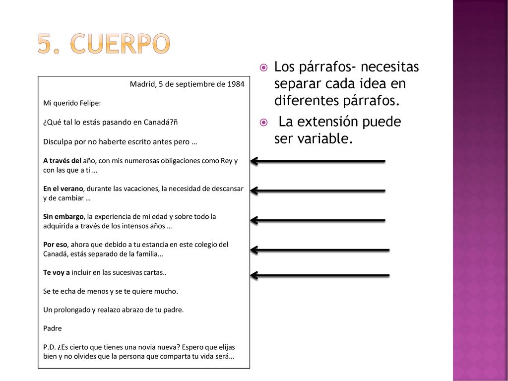 5. Cuerpo Los párrafos- necesitas separar cada idea en diferentes párrafos. La extensión puede ser variable.