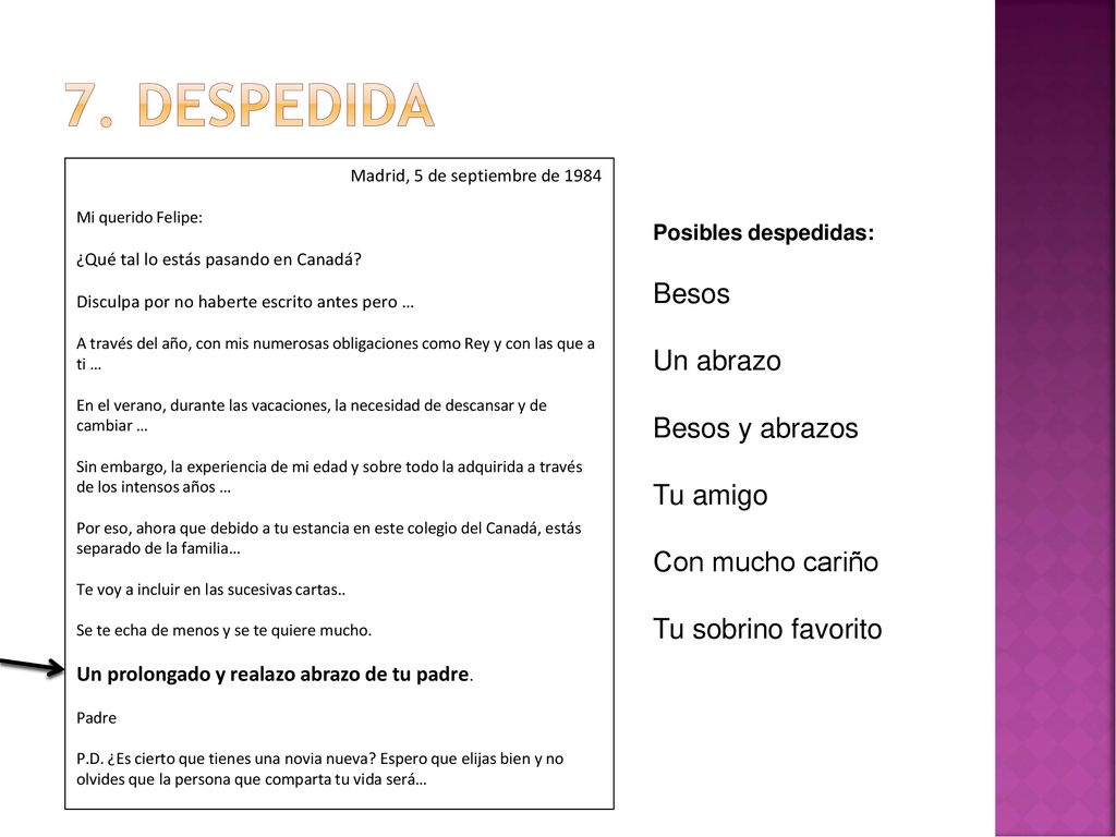 7. Despedida Besos Un abrazo Besos y abrazos Tu amigo Con mucho cariño