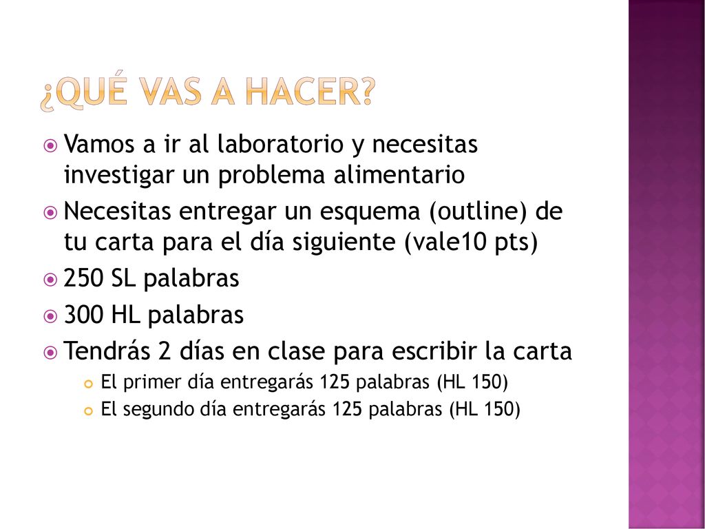 ¿Qué vas a hacer Vamos a ir al laboratorio y necesitas investigar un problema alimentario.