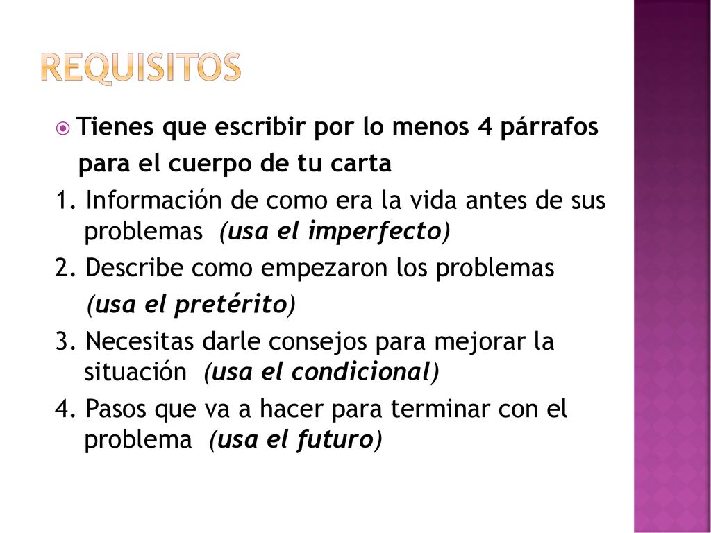 Requisitos Tienes que escribir por lo menos 4 párrafos
