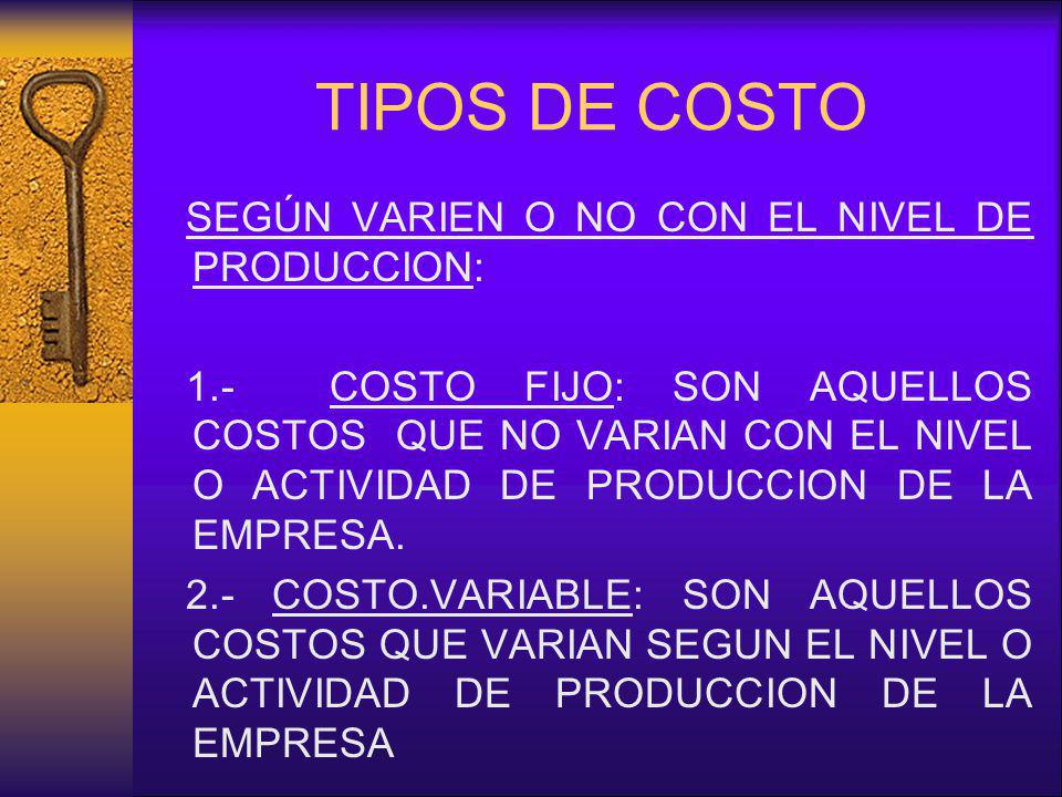 TIPOS DE COSTO SEGÚN VARIEN O NO CON EL NIVEL DE PRODUCCION: