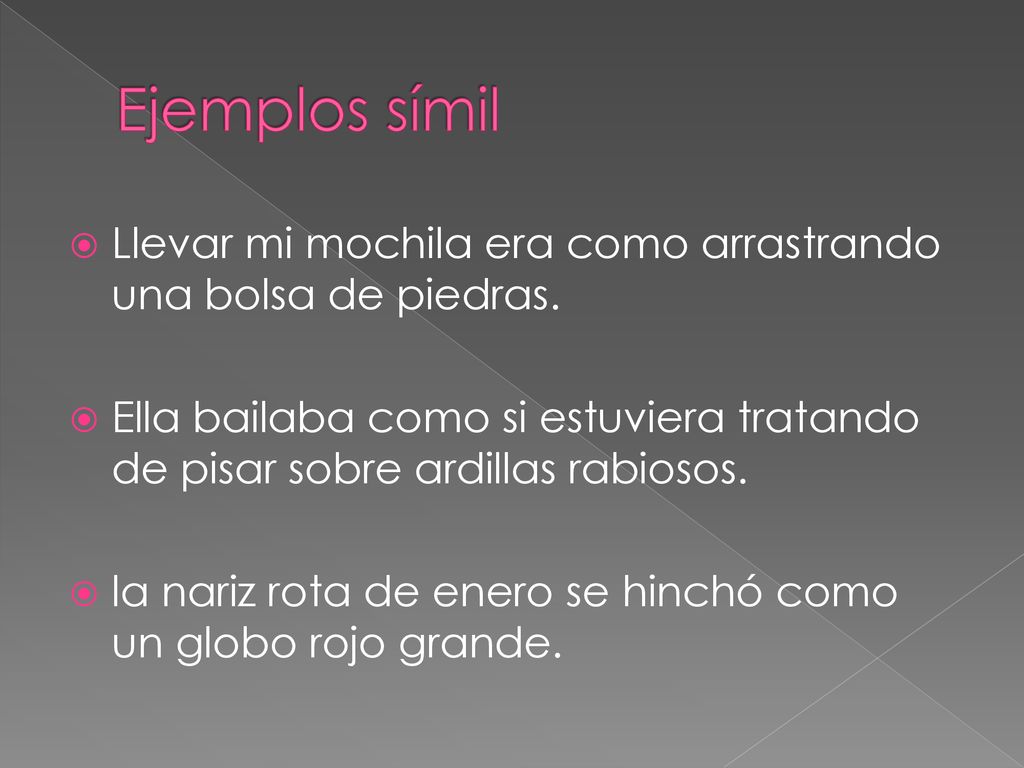 Ejemplos símil Llevar mi mochila era como arrastrando una bolsa de piedras.