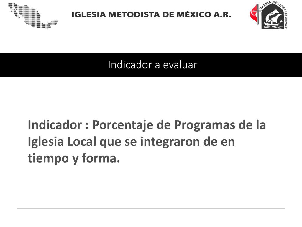 Indicador a evaluar Indicador : Porcentaje de Programas de la Iglesia Local que se integraron de en tiempo y forma.