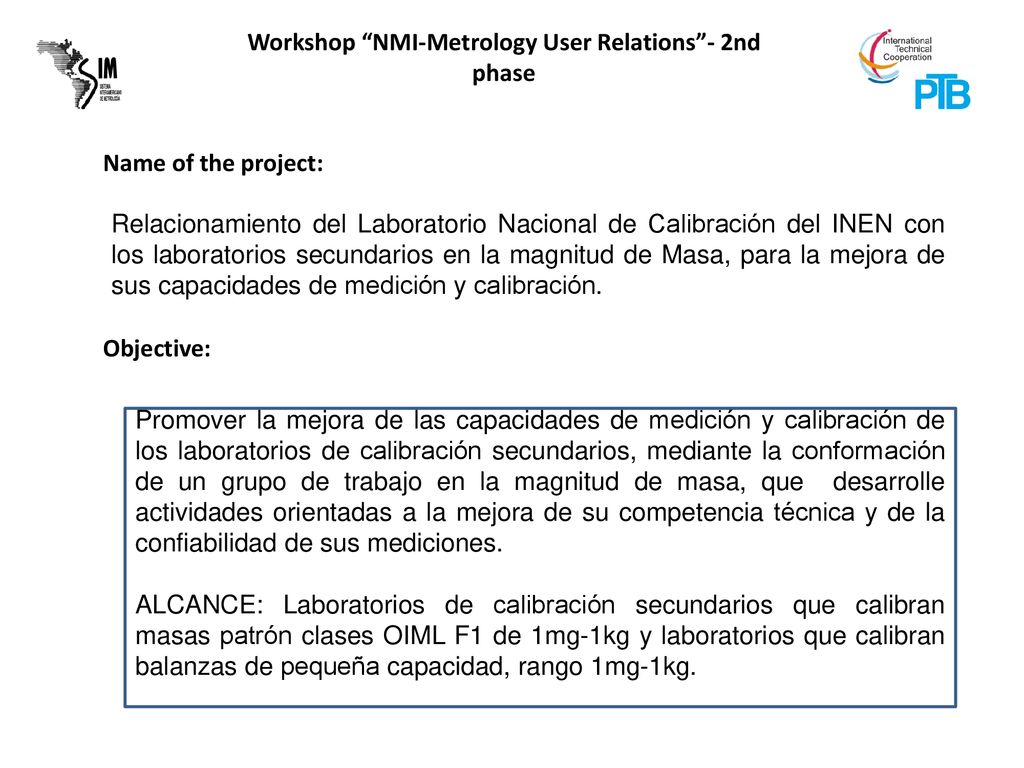Relacionamiento del Laboratorio Nacional de Calibración del INEN con los laboratorios secundarios en la magnitud de Masa, para la mejora de sus capacidades de medición y calibración.