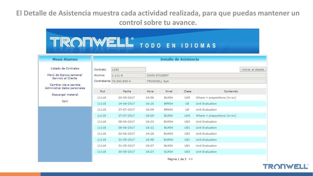 El Detalle de Asistencia muestra cada actividad realizada, para que puedas mantener un control sobre tu avance.