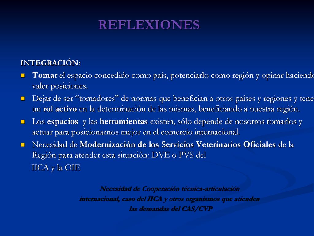 REFLEXIONES INTEGRACIÓN: Tomar el espacio concedido como país, potenciarlo como región y opinar haciendo valer posiciones.